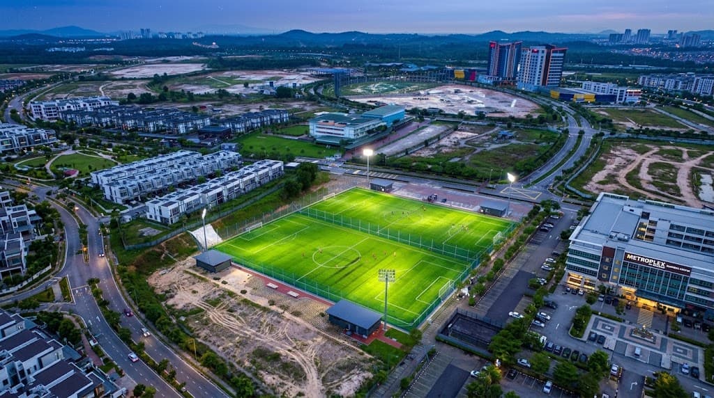 Aerial landscape view of the ArmourX Sports pitches in Iskandar Puteri